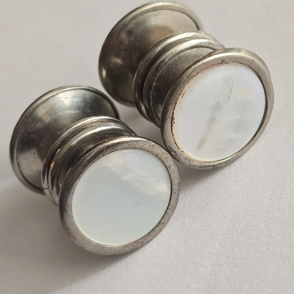 Vintage cuff links silver tone white mother of pearl shell inlay Silver snap